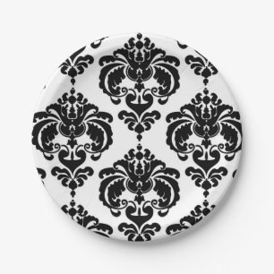 Schwarz-Weiß-Damask Vintage-Hochzeitsveranstaltung Pappteller