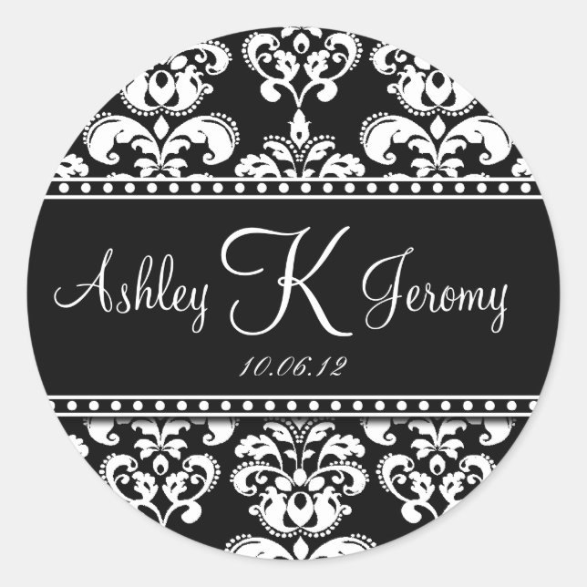 Schwarz-weiß Damask Wedding Favor Labels Runder Aufkleber (Vorderseite)