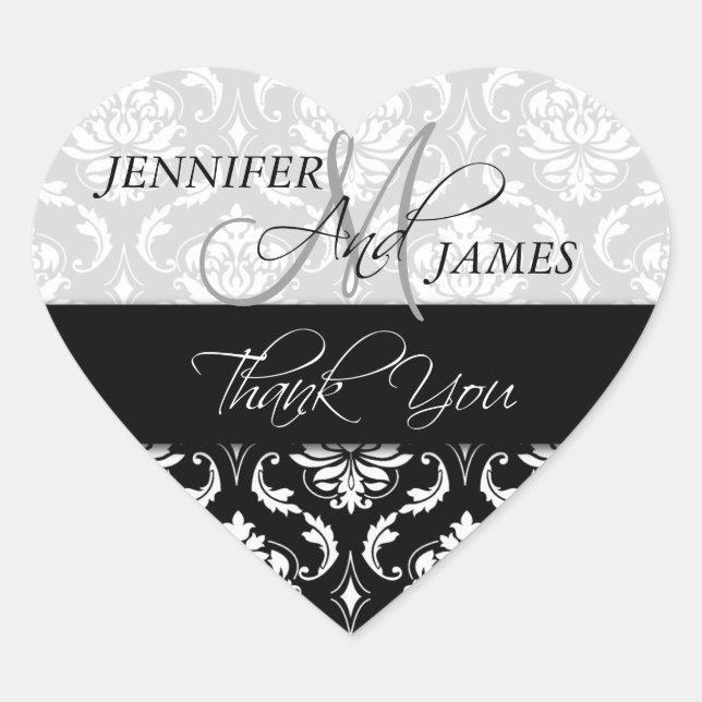 Schwarz-weiß Damask Wedding Gefallen Heart Sticker (Vorderseite)