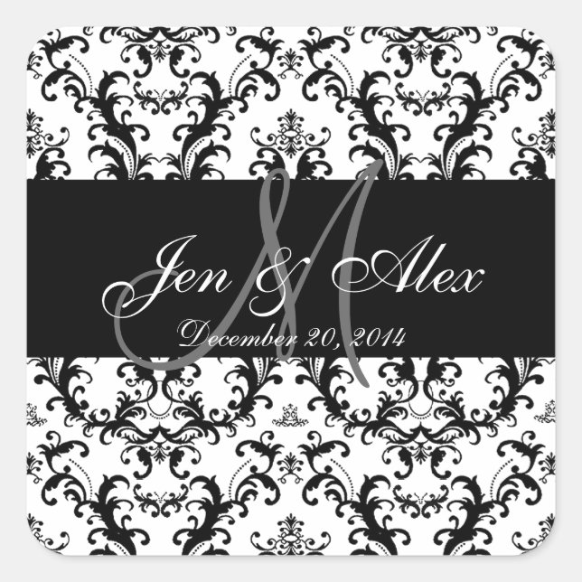 Schwarz-weiß Damask Wedding Gefallen Sticker (Vorderseite)