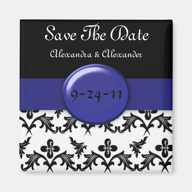 Schwarz-weiß Damask WIth Royal Blue Save the Date Magnet (Vorne)