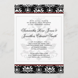 Schwarz-Weiß Damaske Roter Akzent Einladung Hochze