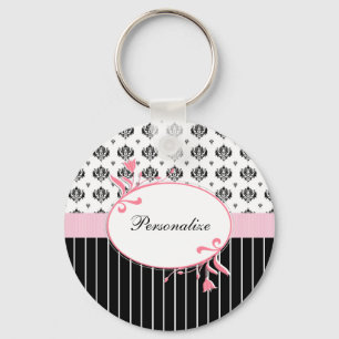 Schwarz-Weiß Damaskus Chic Rosa Blüte mit Namen Schlüsselanhänger