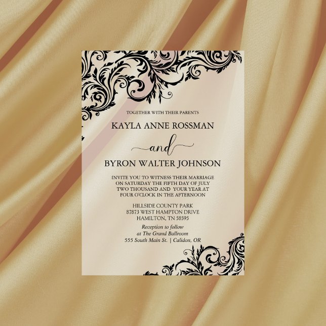 Schwarz-Weiß-Damaskus-Hochzeit (Simple Modern Vellum Black and White Wedding Invitation)