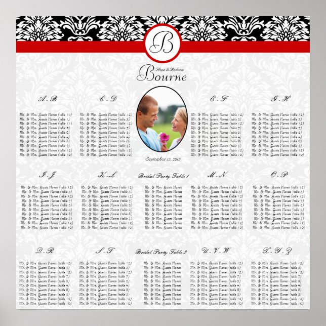 Schwarz-Weiß-Damaskus mit BlumenRotes Foto Poster (Vorne)