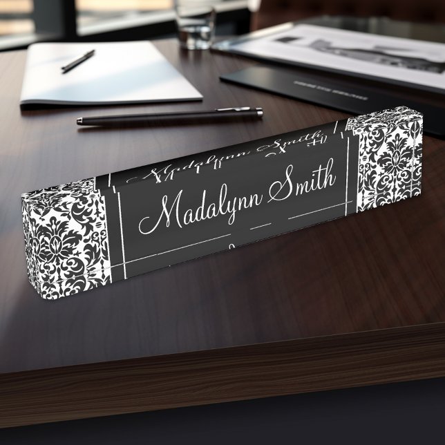 Schwarz-Weiß-Damaskus-Muster mit Skriptname Namensplakette (Personalized Name Plate for the Office, School or Home)