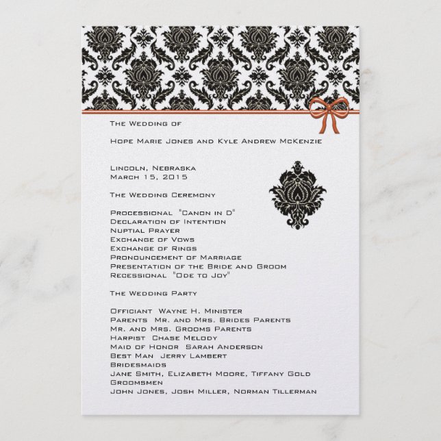 Schwarz-Weiß-Damaskus-Rosa-Trimm-Hochzeitsprogramm Programm (Vorderseite)
