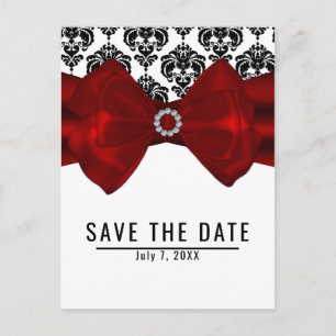 Schwarz-Weiß-Damaskus-Roter Bow-Glam Save the Date Ankündigungspostkarte