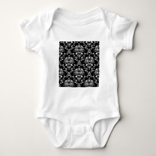 Schwarz-Weiß-Damast Baby Strampler (Vorderseite)