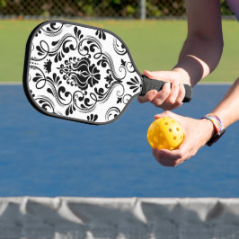 Schwarz-Weiß-Damast-Flora Pickleball Schläger