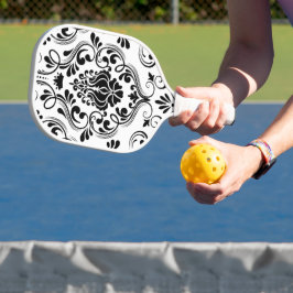 Schwarz-Weiß-Damast-Flora Pickleball Schläger