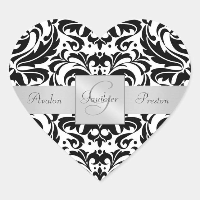 Schwarz-Weiß-Damast-Heart-Hochzeitsticker Herz-Aufkleber (Vorderseite)
