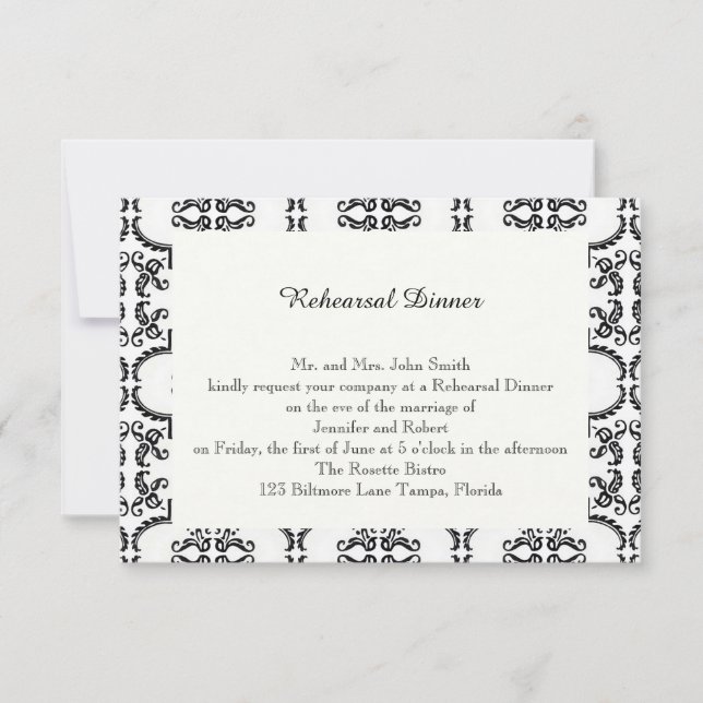 Schwarz-Weiß-Damast-Hochzeitsstimmung in der Probe Einladung (Vorderseite)