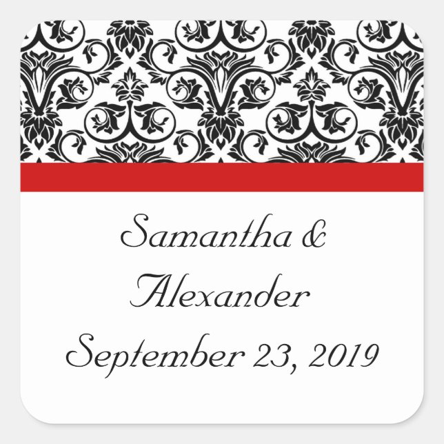 Schwarz/Weiß-Damast mit/roter Akzent entfernen Quadratischer Aufkleber (Vorderseite)