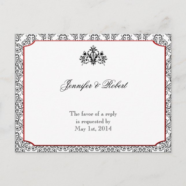 Schwarz-Weiß-Damast mit UAWG mit rotem Akzent Einladungspostkarte (Vorderseite)