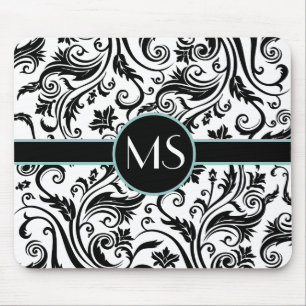 Schwarz Weiß Damast Monogramm Mousepad