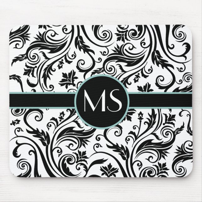 Schwarz Weiß Damast Monogramm Mousepad (Vorne)