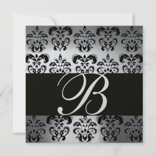 SCHWARZ & WEISS DAMAST MONOGRAMM silberner Mondste Einladung