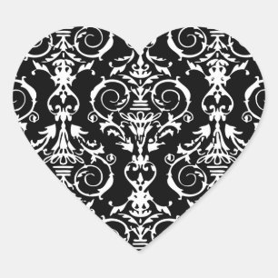 Schwarz-Weiß-Damast-Muster Herz-Aufkleber