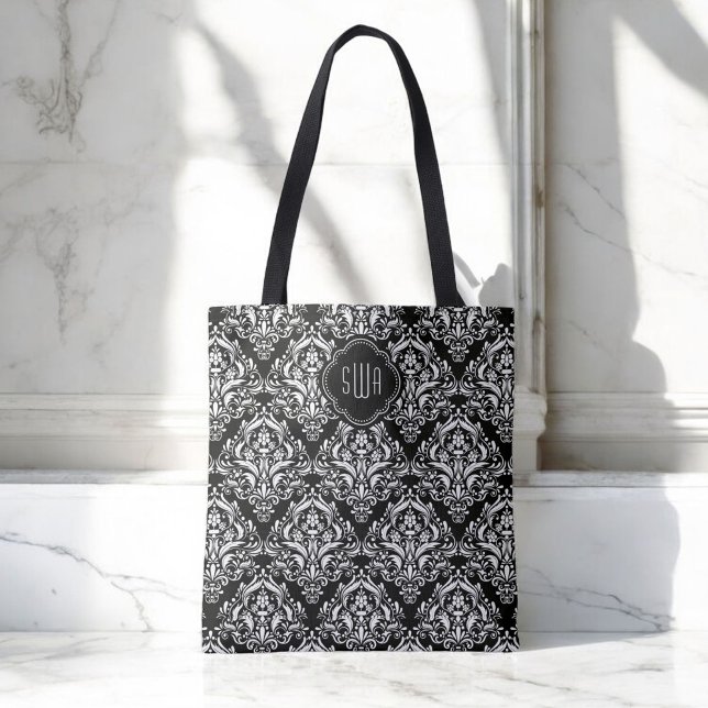 Schwarz-Weiß-Damast-Muster mit Monogramm (Personalize this elegant tote with your monogram initials.)