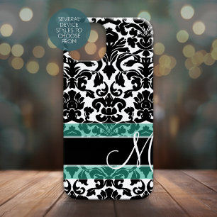 Schwarz-Weiß-Damast-Muster mit Monogramm Case-Mate iPhone Hülle