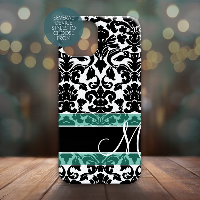 Schwarz-Weiß-Damast-Muster mit Monogramm Case-Mate iPhone Hülle (Personalized Phone Case - Many Device Styles to Choose From)