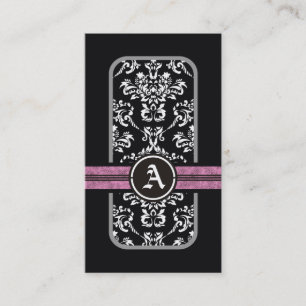 Schwarz weiß Damast rosa Band Monogramm Visitenkarte