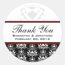 Schwarz-Weiß-Damast-Rote Akzente Hochzeitsmarken Runder Aufkleber