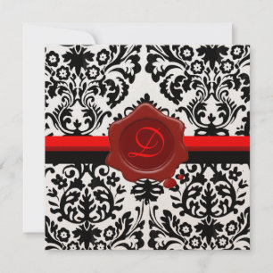 SCHWARZ-WEIß-DAMAST, ROTE WACHS-SIEGEL-MONOGRAMM EINLADUNG
