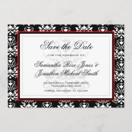 Schwarz-Weiß-Damast-Roter Akzent Save the Date