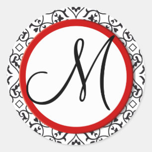 Schwarz-Weiß-Damast-Rottrim-Hochzeitssemble-Siegel Runder Aufkleber