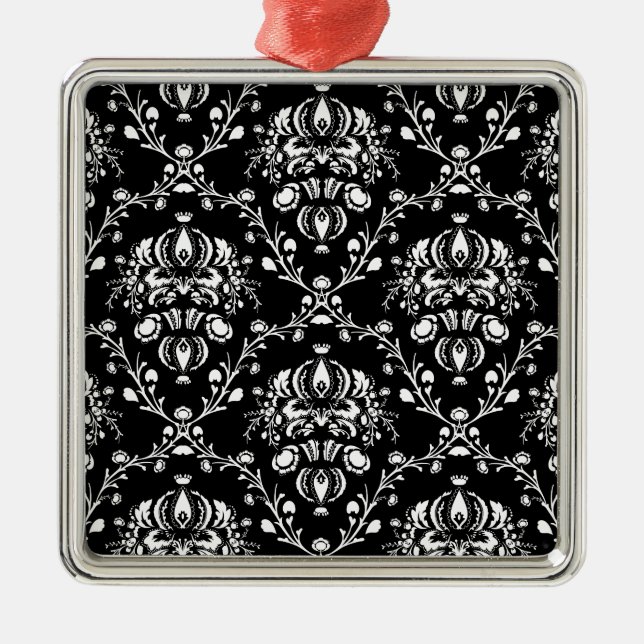 Schwarz-Weiß-Damast Silbernes Ornament (Vorne)