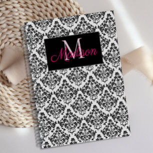 Schwarz Weiß Damast Süß Mädchen Trend Monogramm Planer