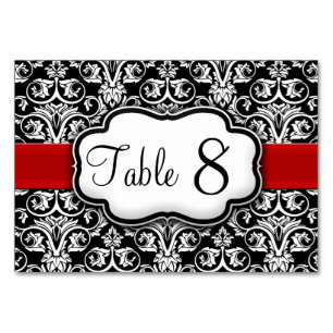 Schwarz/Weiß-Damast-Tischnummer mit rotem Flachban Tischnummer