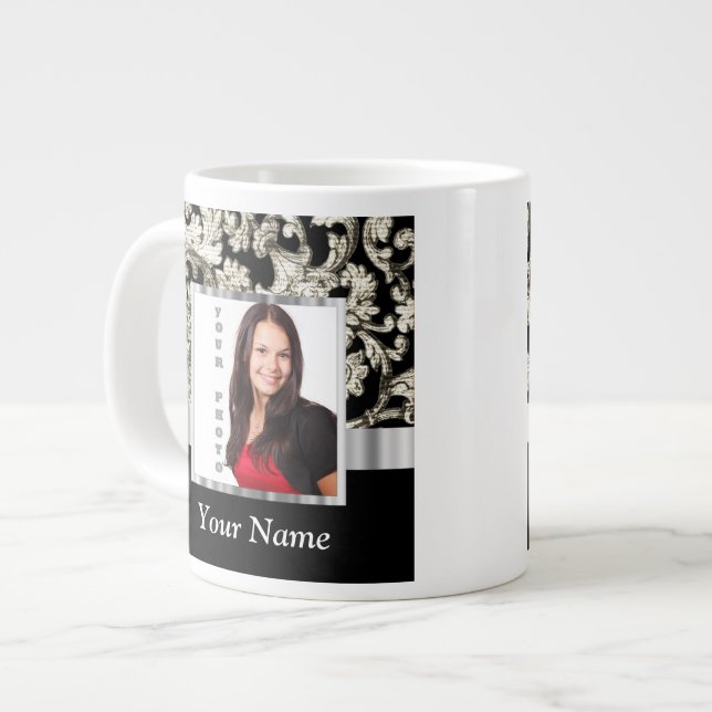 Schwarz-Weiß-Damast-Vorlage Jumbo-Tasse (Vorderseite Links)