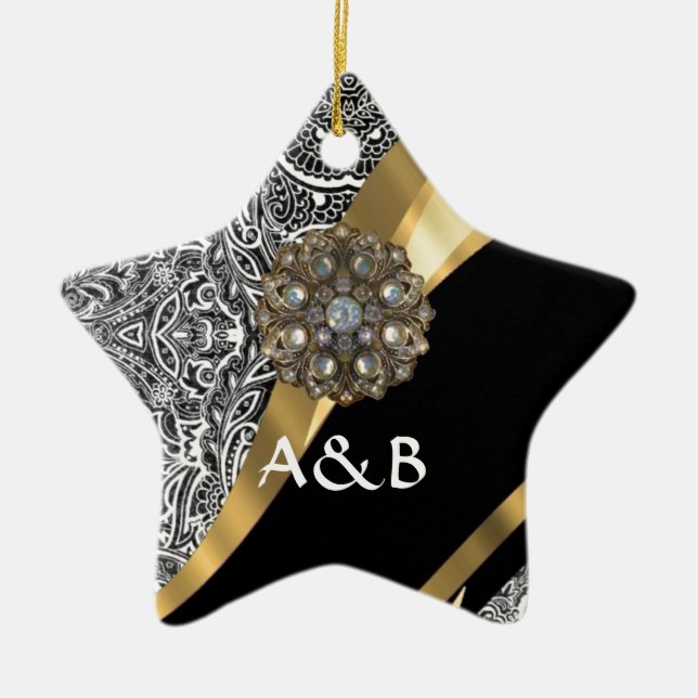 Schwarz-Weiß-Damastmuster Keramik Ornament (Vorne)