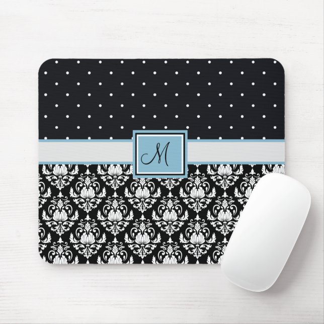 Schwarz-Weiß-Damasus und Polka-Punkte Mit Monogram Mousepad (Mit Mouse)