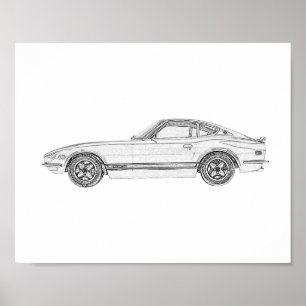 Schwarz-Weiß Datsun 240Z Nissan S30 Zeichnend Poster