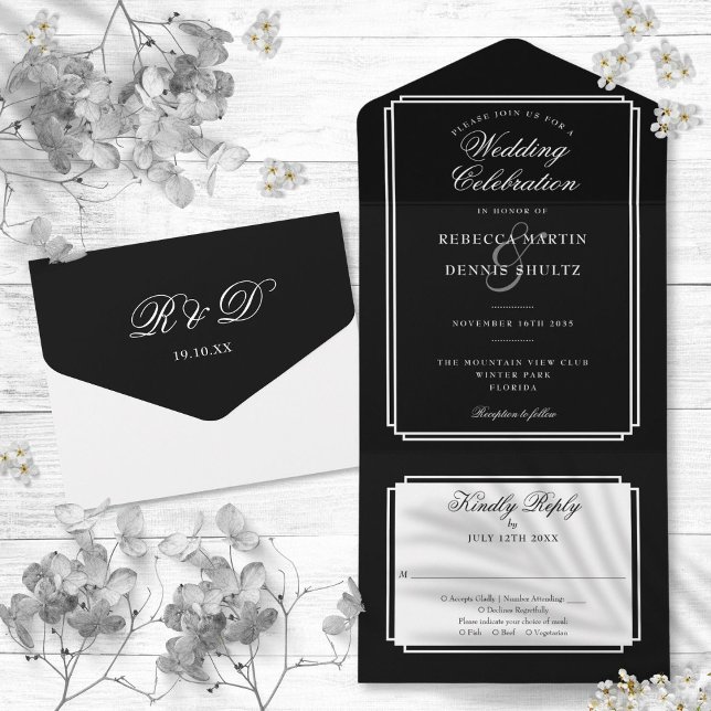 Schwarz-Weiß-Deko-Monogramm-Hochzeit All In One Einladung (Black And White Classic Deco Monogram Wedding All In One Invitation)