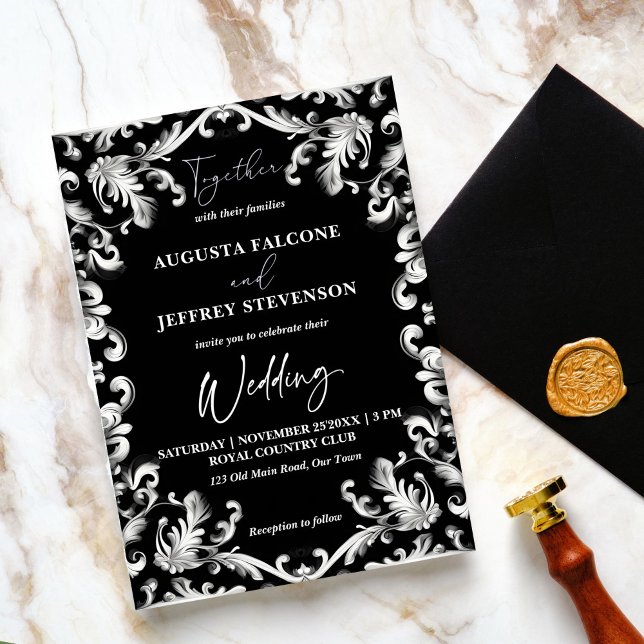 Schwarz-Weiß-Dekor elegant in einer Hochzeit Einladung (Black and white vintage decor elegant all in one wedding template invitation modern typography)