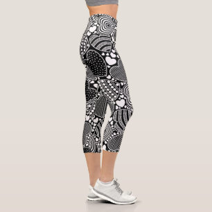 Schwarz-Weiß-Dekoratives Herzmuster Capri Leggings