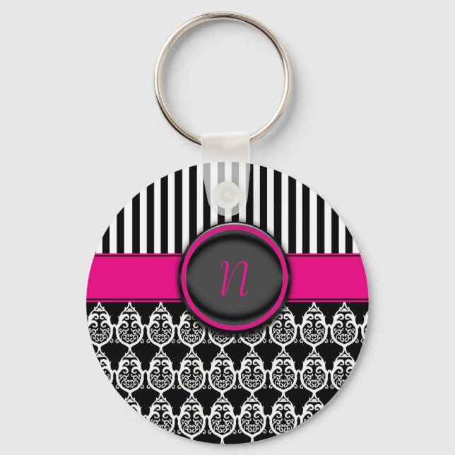Schwarz-Weiß-Design mit anpassbarem Monogramm Schlüsselanhänger (Vorderseite)