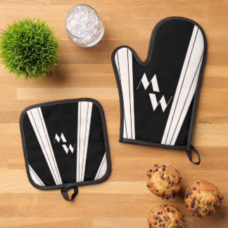 Schwarz-Weiß-Design Mit Monogramm Ofenhandschuh & Topflappen-Set