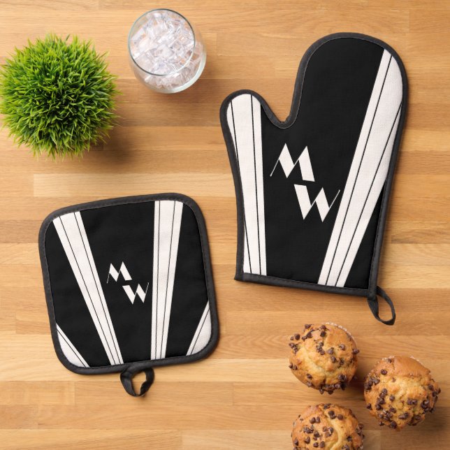 Schwarz-Weiß-Design Mit Monogramm Ofenhandschuh & Topflappen-Set (Oben Unten)