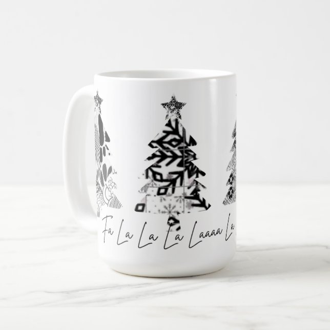 Schwarz-Weiß-Design-Weihnachtsbäume Kaffeetasse (Vorderseite Links)