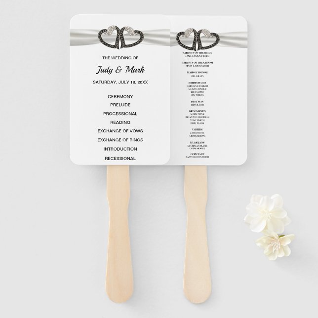 Schwarz-Weiß-Diamant-Herz-Hochzeitsprogramm Fächer (Vorne und Hinten)