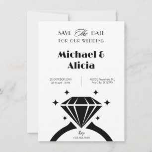 Schwarz-Weiß-Diamantring-Hochzeit minimalistisch Save The Date