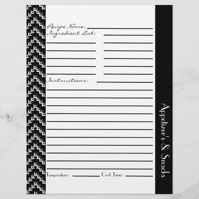 Schwarz-weiß Diamond Zigzag Chevrons Recipe Sheets (Vorderseite)