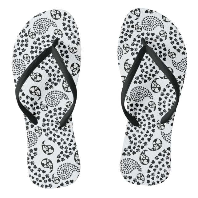 Schwarz-Weiß-Dog-Paws und Hörnchen Paisley Print Flip Flops (Fußbett)