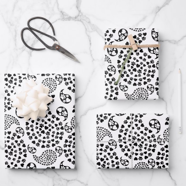 Schwarz-Weiß-Dog-Paws und Hörnchen Paisley Print Geschenkpapier Set (Vorderseite)